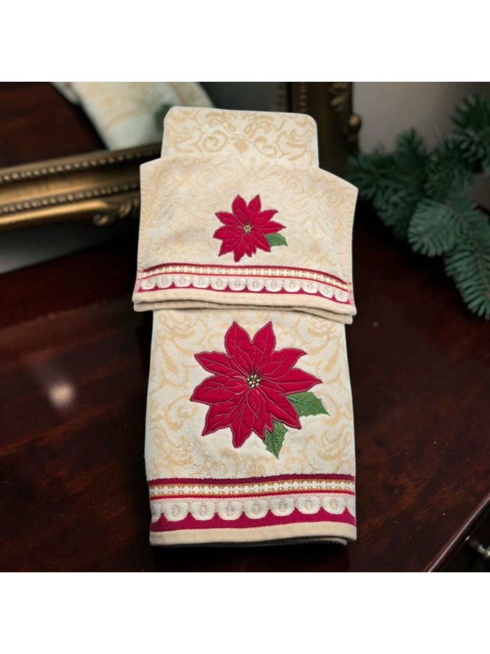 St. Nicholas Square Poinsettia Holiday Towels Set Of 2 100% Cotton Beige & Red